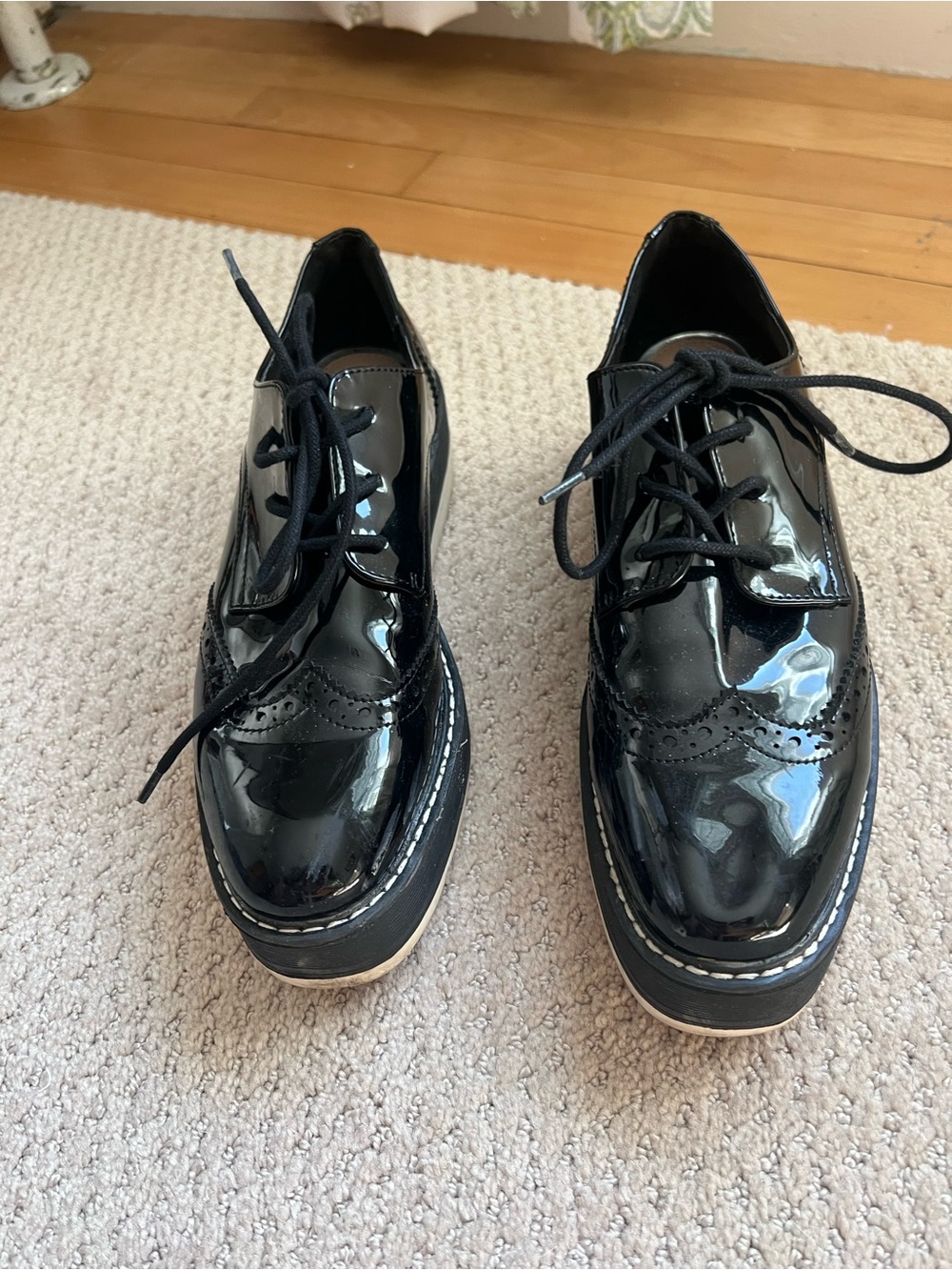 Zara Black Patent Brogue Platform Loafers